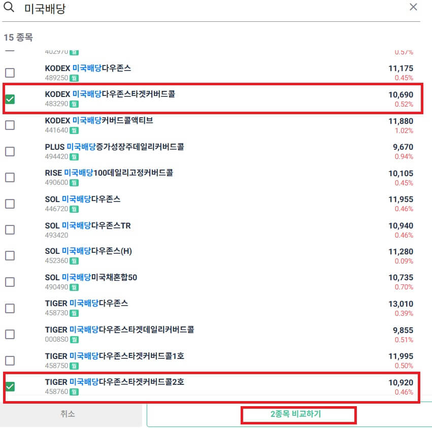 미국배당 ETF 비교 체크 화면
